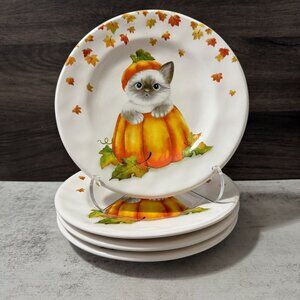 Vintage Pier 1 Kitten Cat Pumpkin Fall Autumn Ironstone 8.5" Salad Plates Set 4